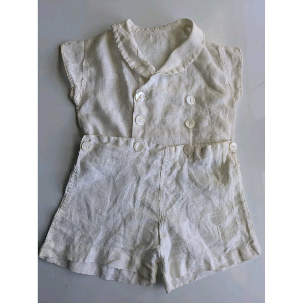 Vintage 1940s Baby Romper White Linen Boys Christening Shorts Buttons 6-12 Month